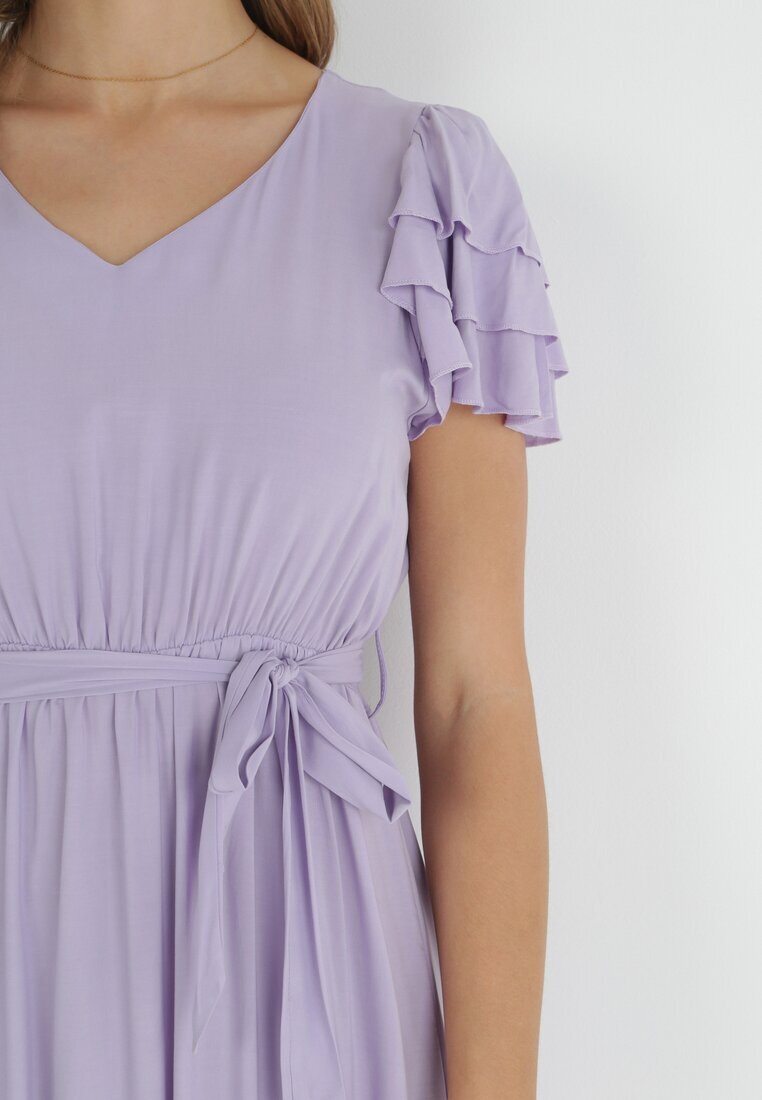 cflo Rochie Violetă Midi din Viscoză cu Elastic în Talie și Curea Textilă Aricia