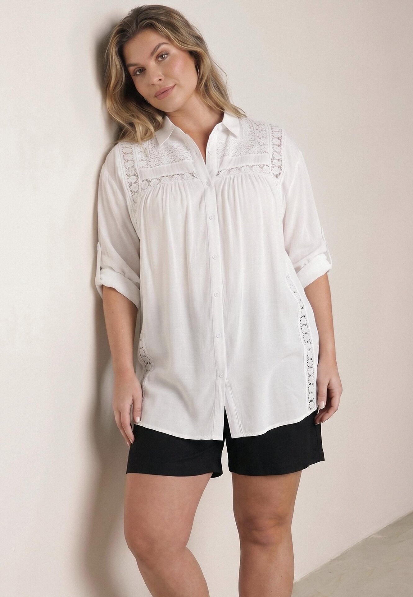 christy Cămașă din bumbac de vară în stil Boho decorată cu dantelă Cinnamis Albă