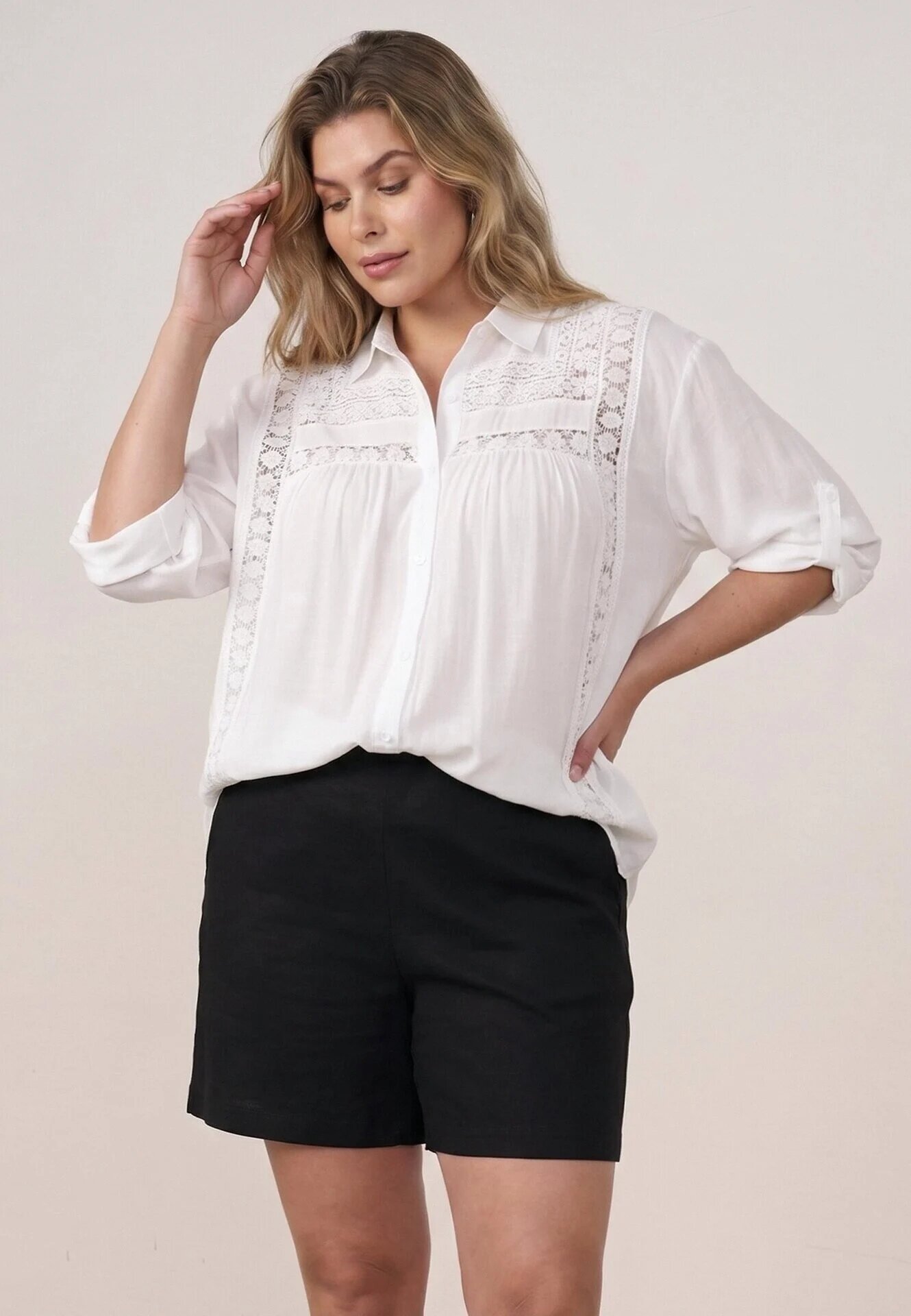 christy Cămașă din bumbac de vară în stil Boho decorată cu dantelă Cinnamis Albă