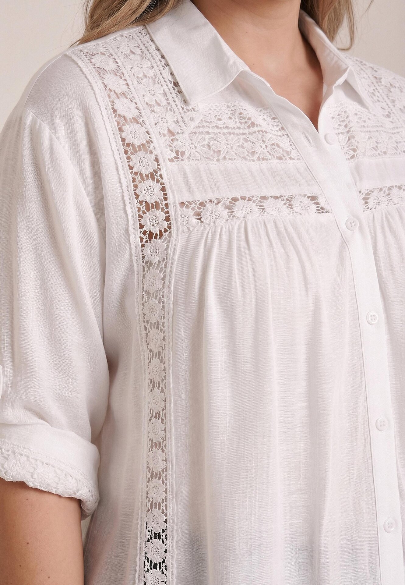 christy Cămașă din bumbac de vară în stil Boho decorată cu dantelă Cinnamis Albă