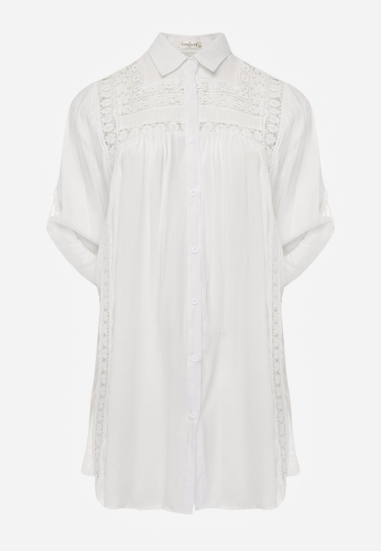 christy Cămașă din bumbac de vară în stil Boho decorată cu dantelă Cinnamis Albă
