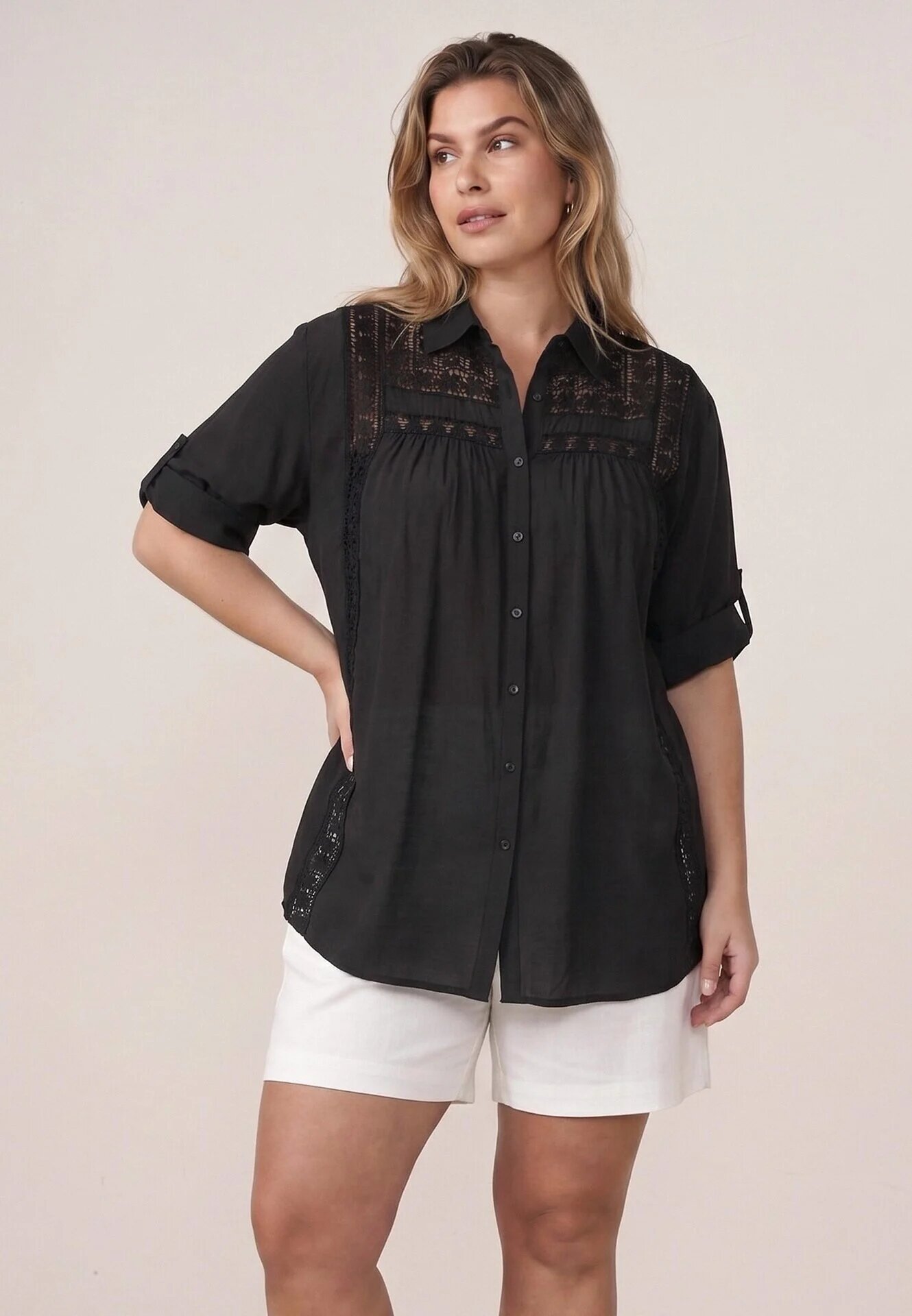 christy Cămașă din bumbac de vară în stil Boho decorată cu dantelă Cinnamis Neagră