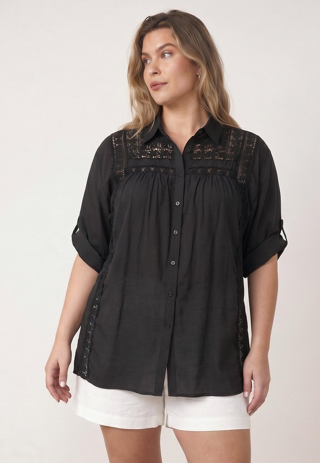 christy Cămașă din bumbac de vară în stil Boho decorată cu dantelă Cinnamis Neagră