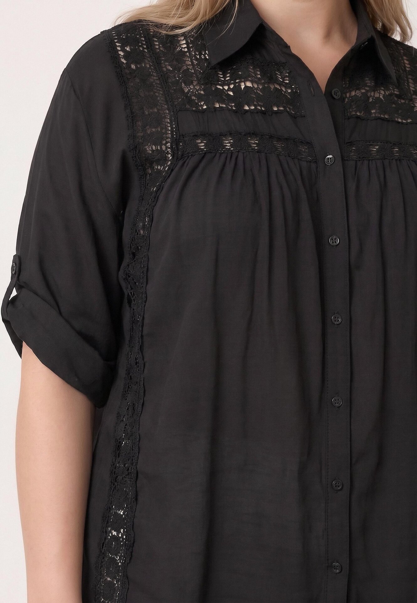 christy Cămașă din bumbac de vară în stil Boho decorată cu dantelă Cinnamis Neagră