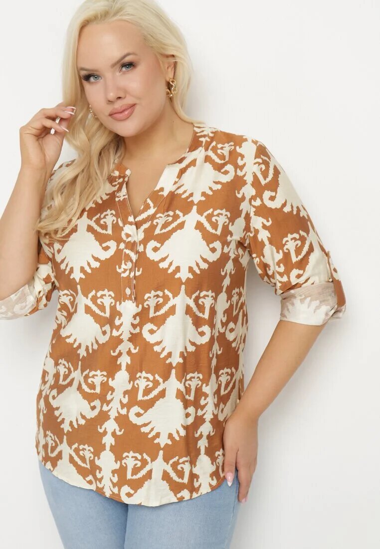 christy Cămașă Maro cu Viscoză cu Model Ornamental cu Decolteu în V Iladelle