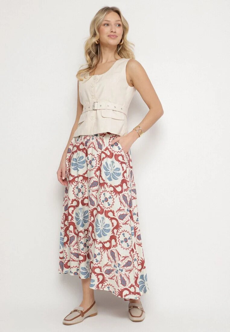 christy Fustă Bordo Cloș din Viscoză cu Model Ornamental Jorinnea