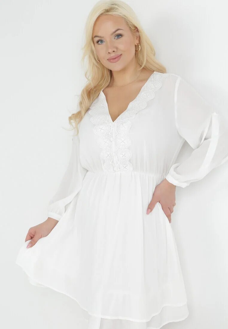 christy Rochie Amplă Mini Albă cu Decolteu Decorativ și Elastic în Talie Braely