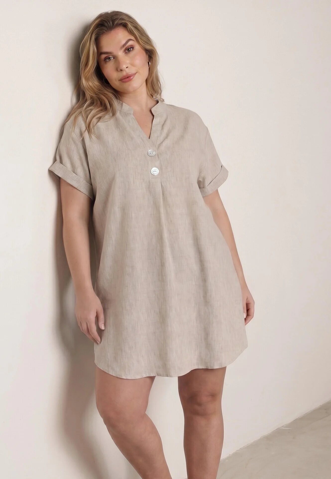christy Rochie din bumbac croi drept cu nasturi decorativi Kateira Bej