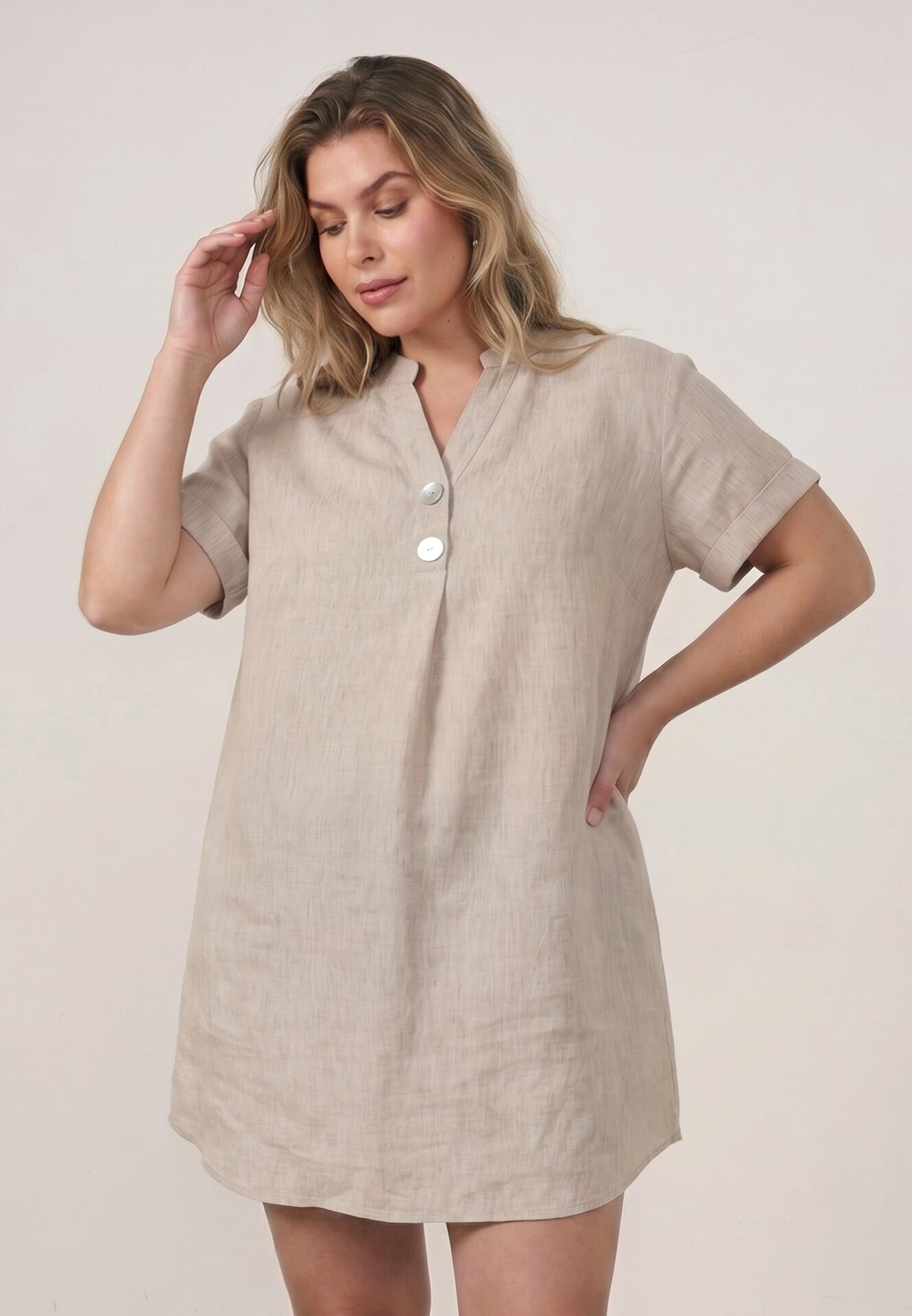 christy Rochie din bumbac croi drept cu nasturi decorativi Kateira Bej