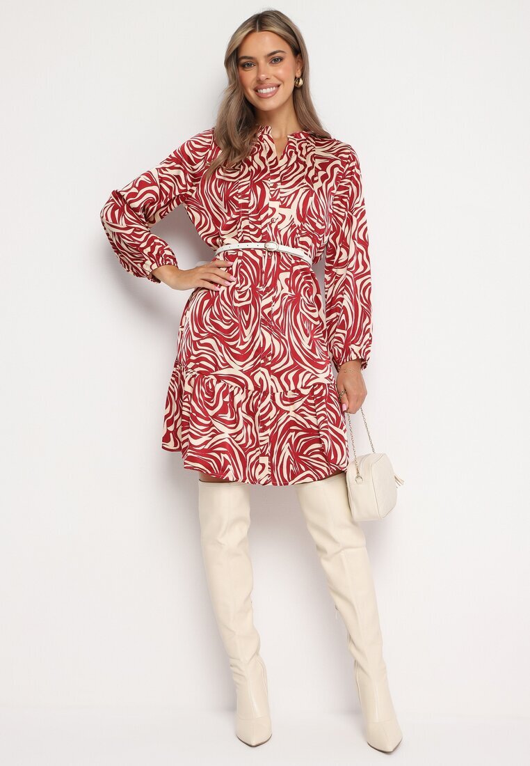 christy Rochie Mini Bordo-Bej cu Volănaș și Model Abstract Ovină