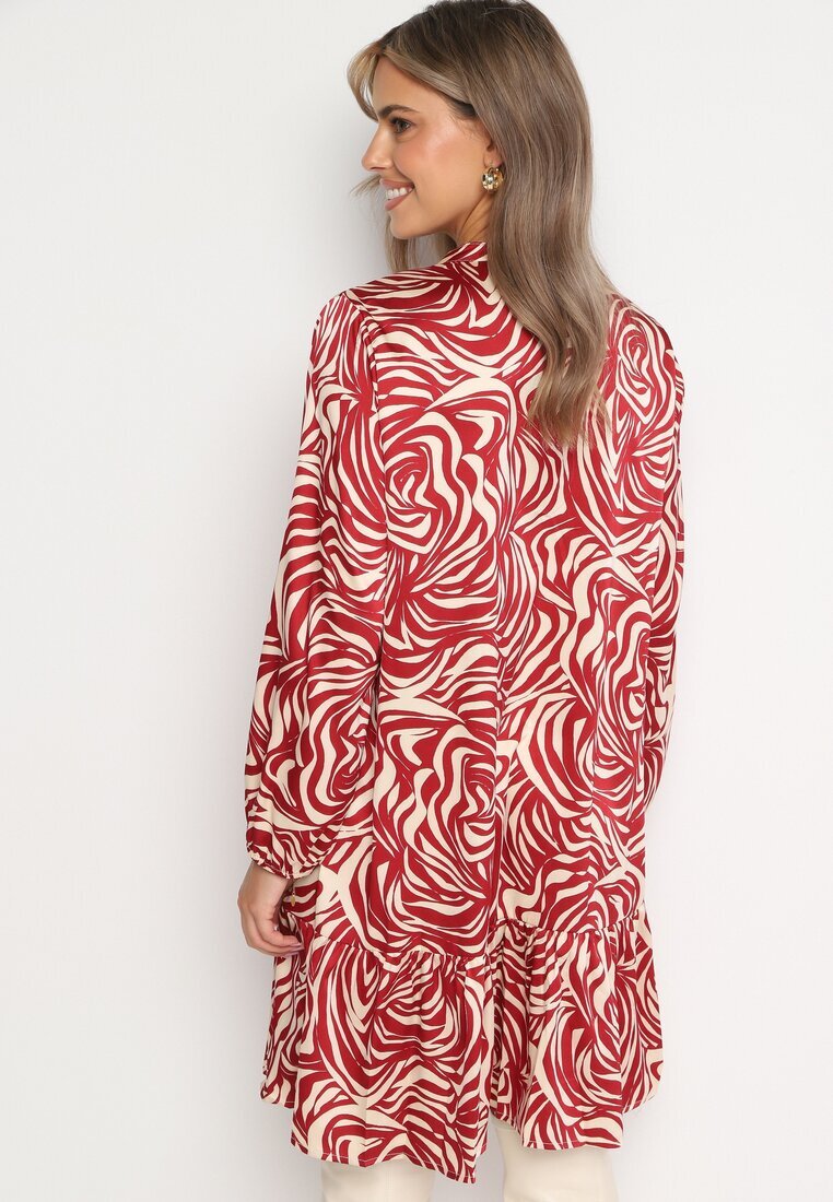 christy Rochie Mini Bordo-Bej cu Volănaș și Model Abstract Ovină