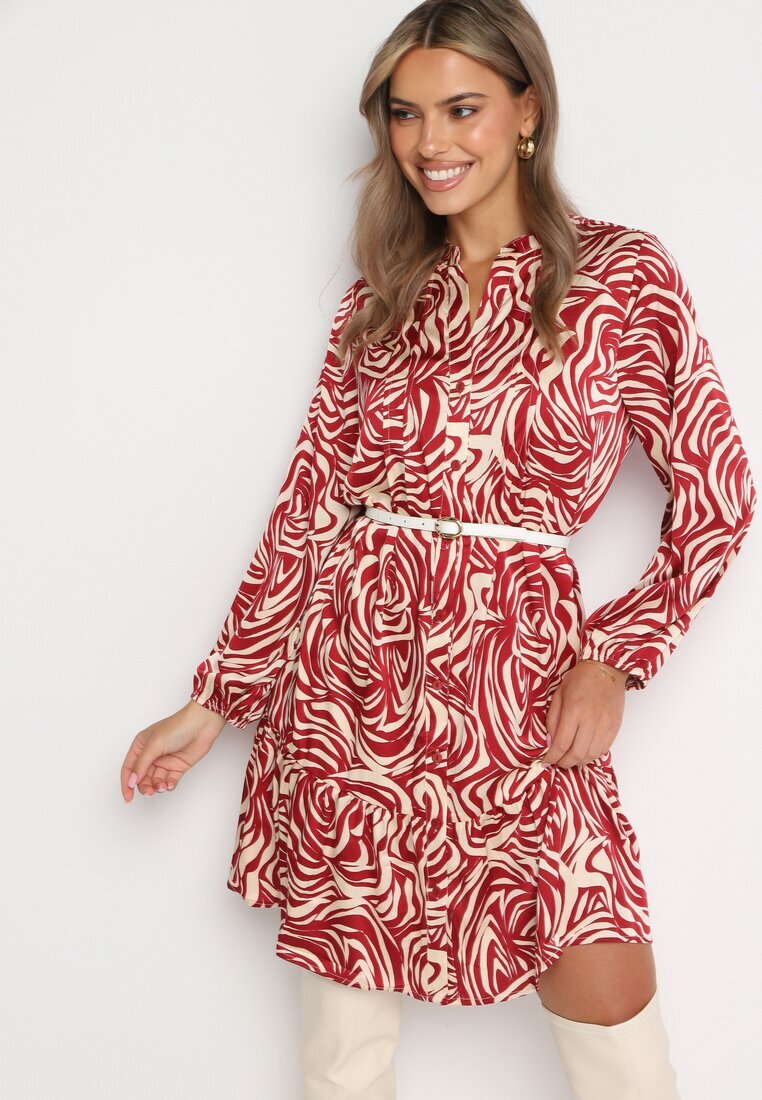 christy Rochie Mini Bordo-Bej cu Volănaș și Model Abstract Ovină