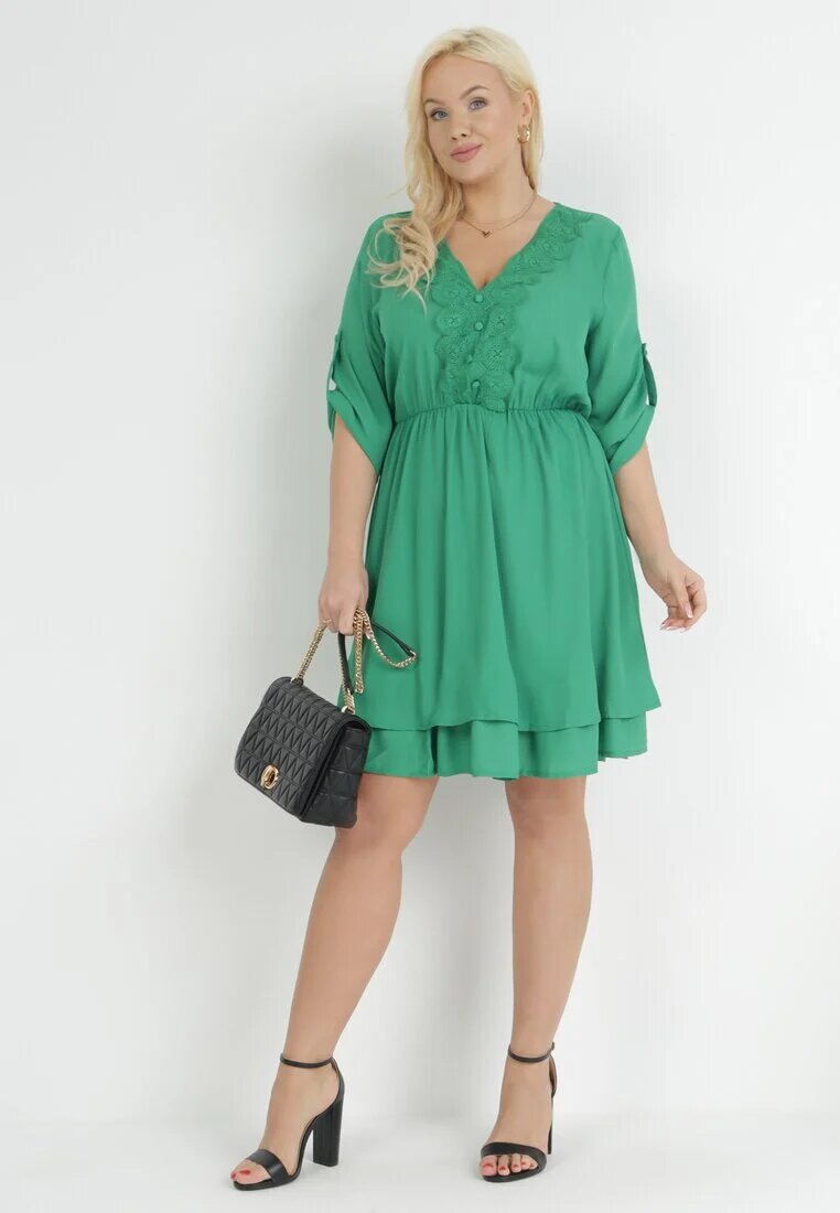 christy Rochie Verde Evazată Mini cu Decolteu Ornamental și Elastic în Talie Braely