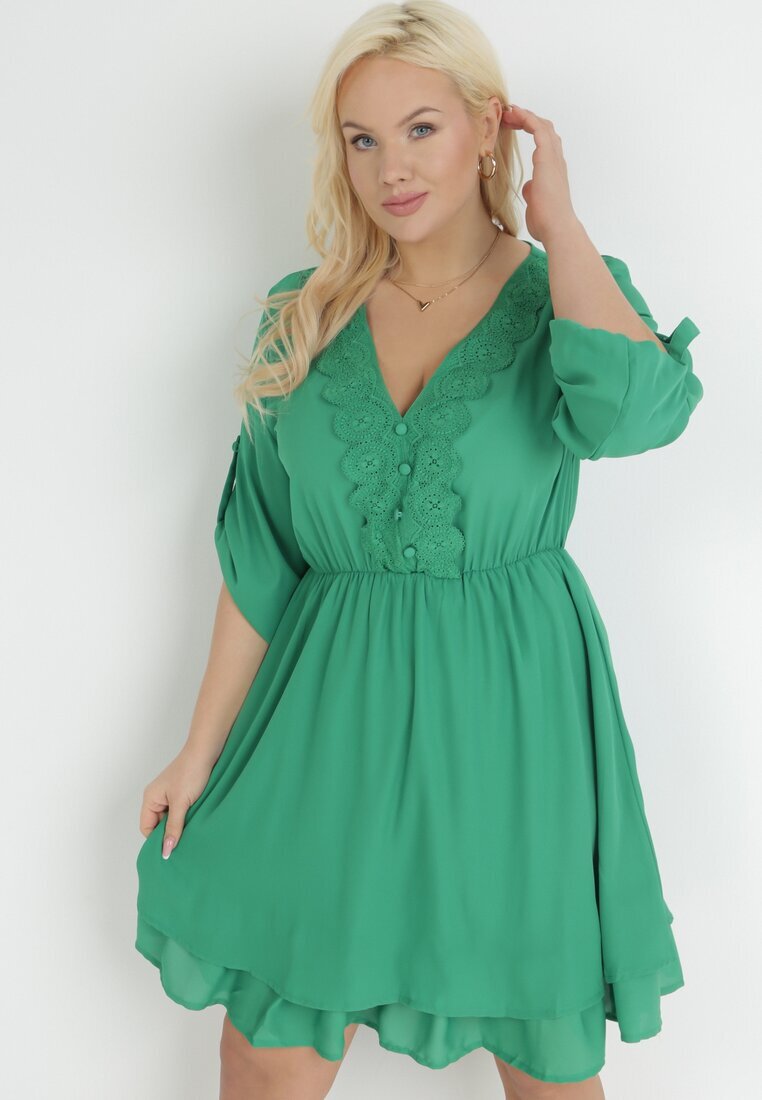 christy Rochie Verde Evazată Mini cu Decolteu Ornamental și Elastic în Talie Braely