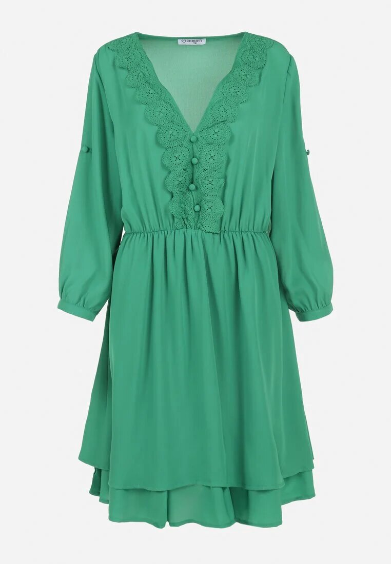 christy Rochie Verde Evazată Mini cu Decolteu Ornamental și Elastic în Talie Braely