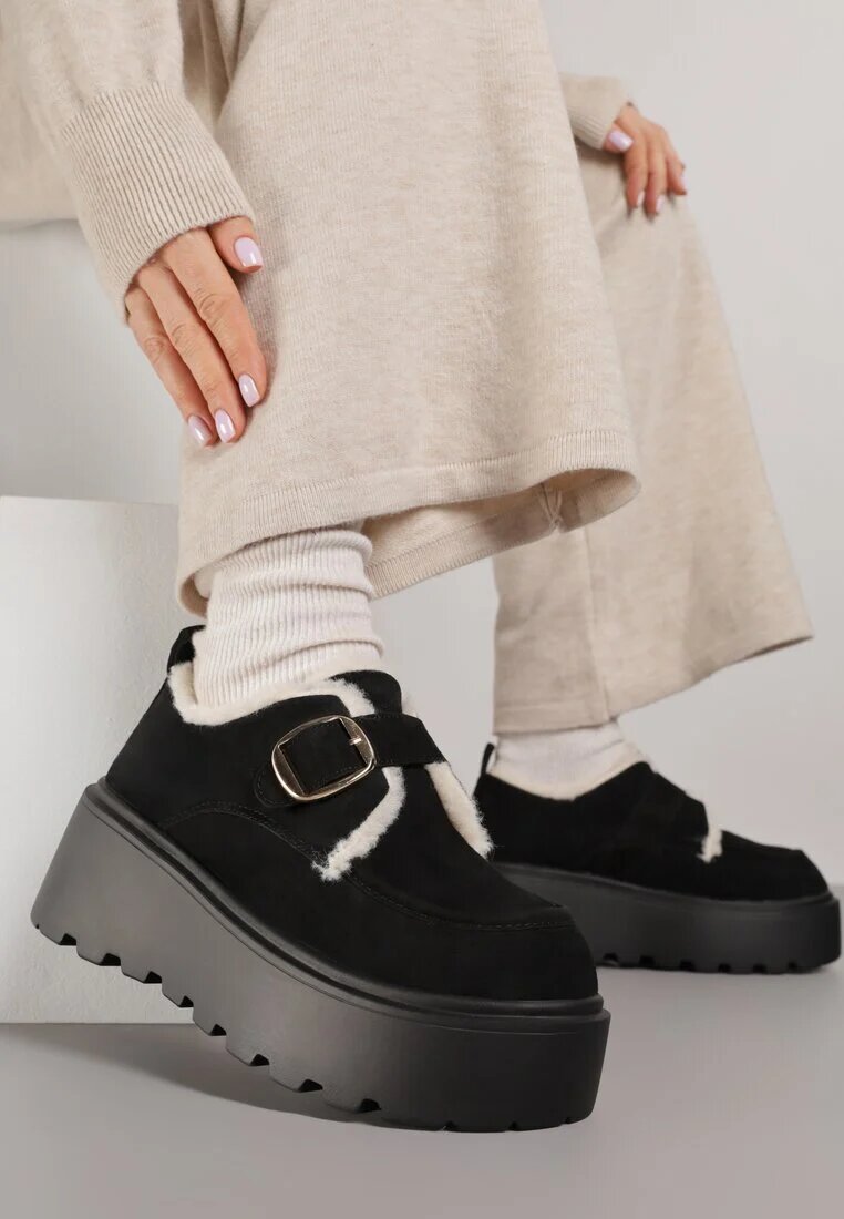 ciaodeo Cizme de zăpadă negre cu talpă groasă cu curea cu cataramă și blană Uwedina