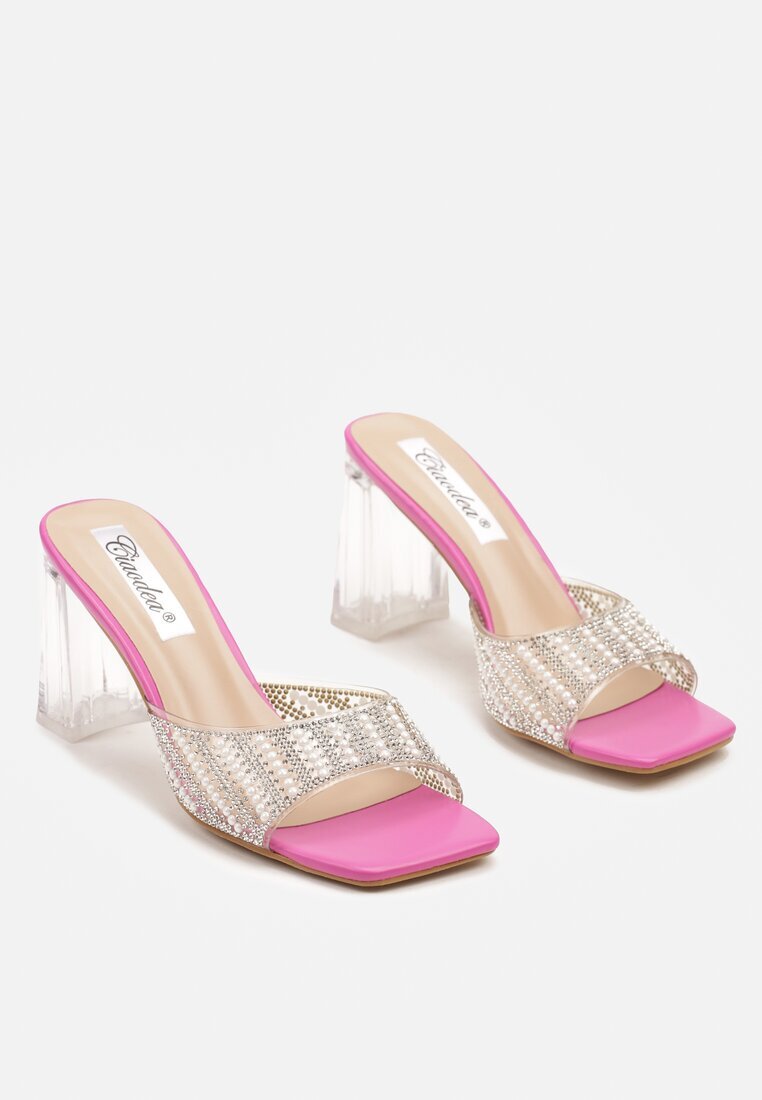 ciaodeo Papuci Fuchsia pe Toc Transparent Decorat cu Perle Emreina