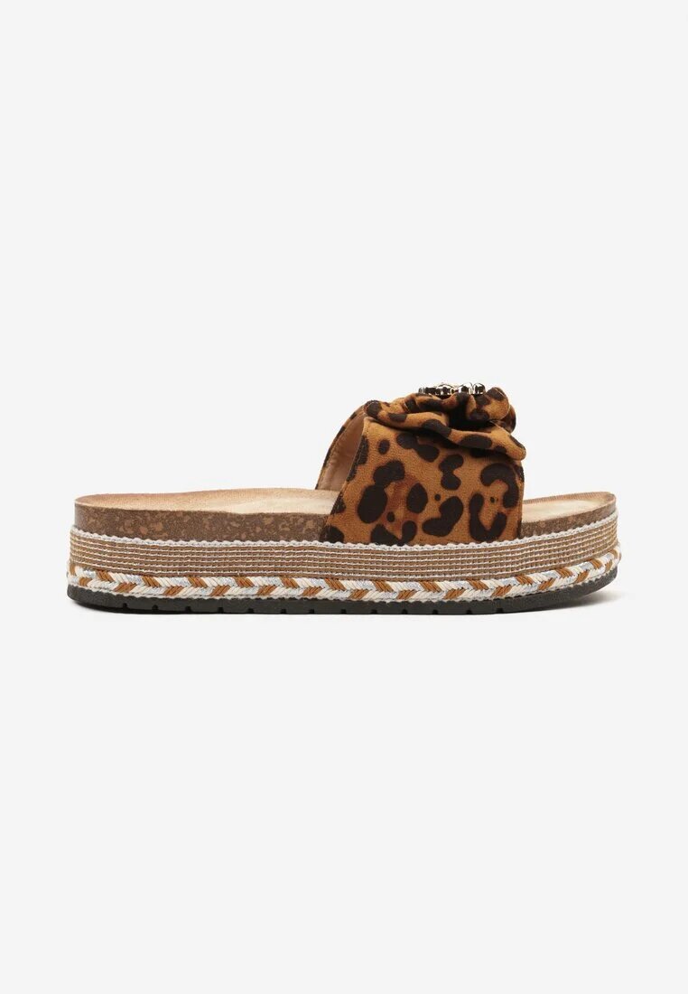 ciaodeo Papuci Leopard cu talpă groasă decorați cu fundă cu aplicații metalice Tenalenea