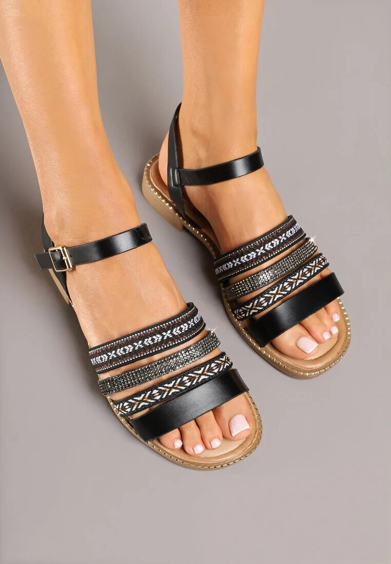ciaodeo Sandale Negre cu Curele Decorative și Zirconii Dovasse