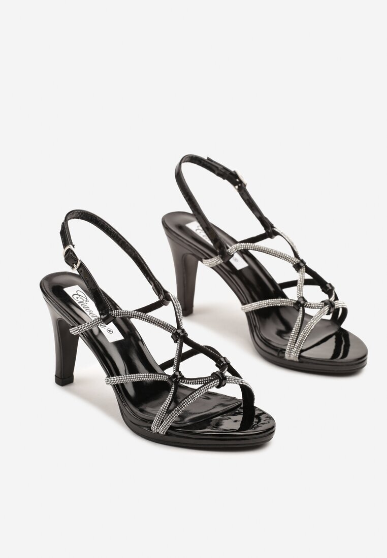 ciaodeo Sandale Negre Stiletto cu aspect lăcuit și cu zirconii Zilienne