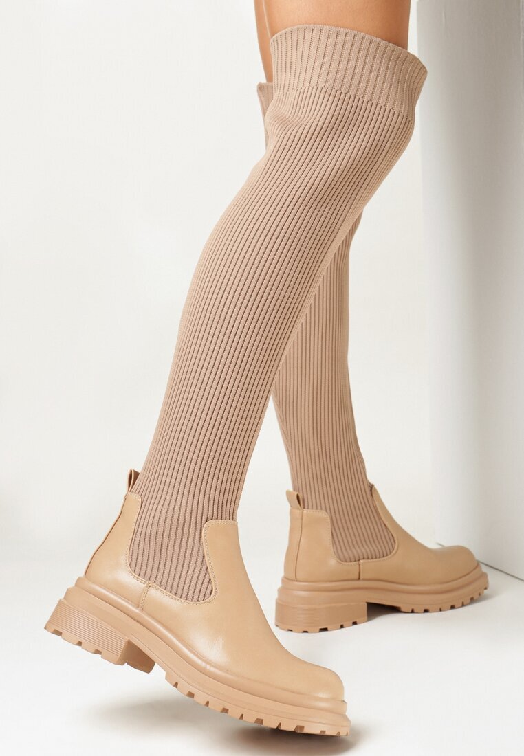  Cizme bej cu carâmb rebrat elastic peste genunchi Sinnie