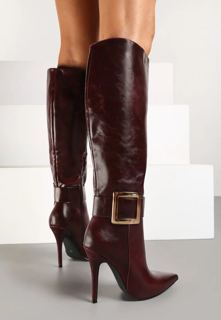  Cizme Bordo cu toc stiletto Decorate cu cataramă Innadora