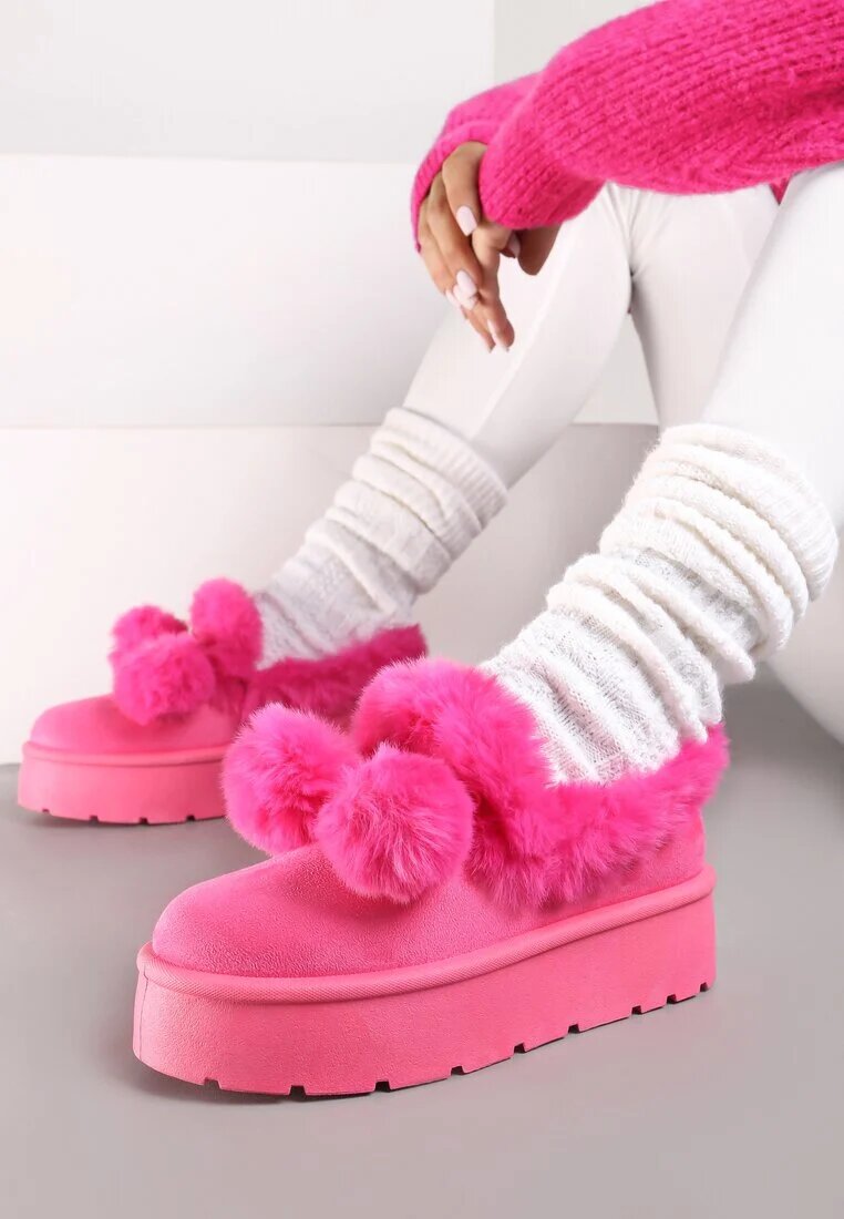  Cizme de zăpadă Fucsia cu talpă groasă cu blană artificială și pompoane Irissaure