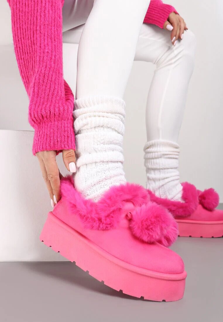  Cizme de zăpadă Fucsia cu talpă groasă cu blană artificială și pompoane Irissaure