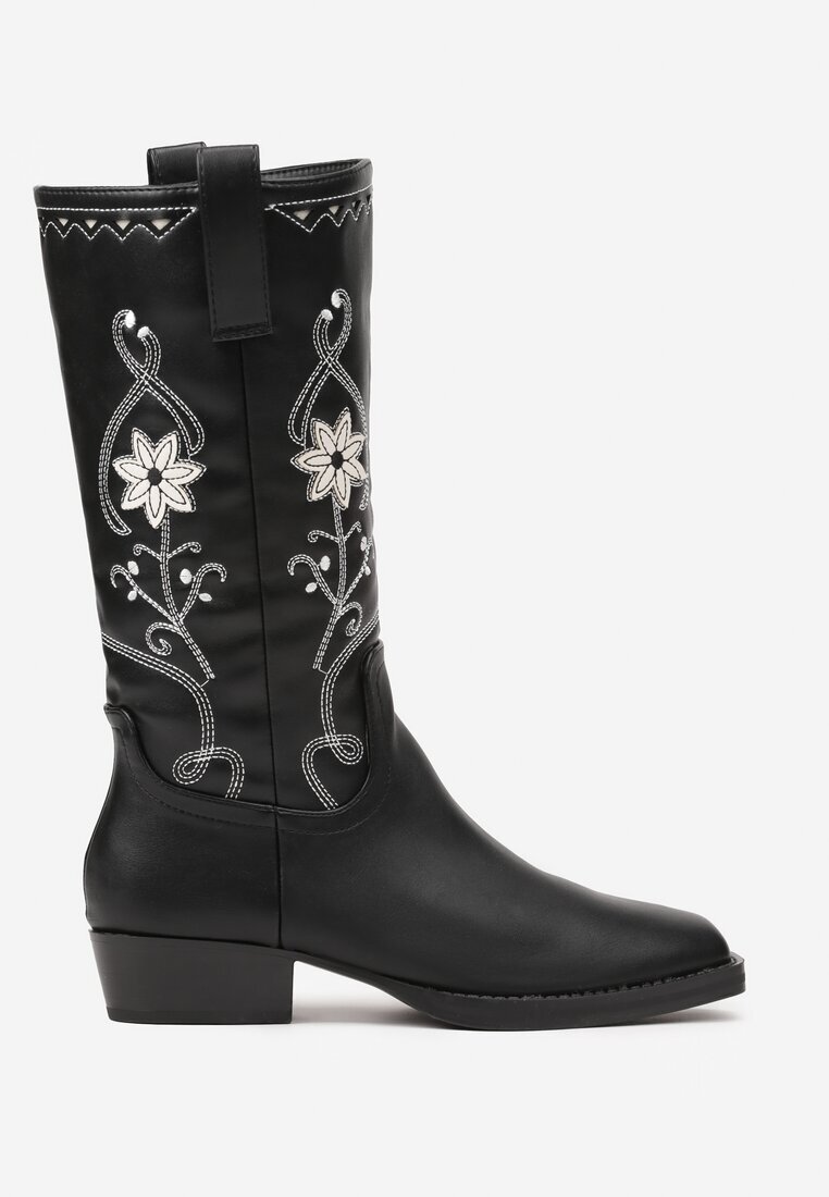  Cizme Negre Cowboy cu Talpă Plată Decorate cu Broderie Florală Emithalia