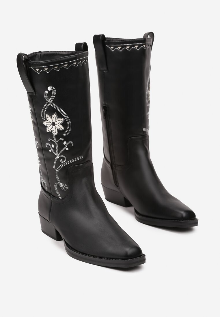  Cizme Negre Cowboy cu Talpă Plată Decorate cu Broderie Florală Emithalia