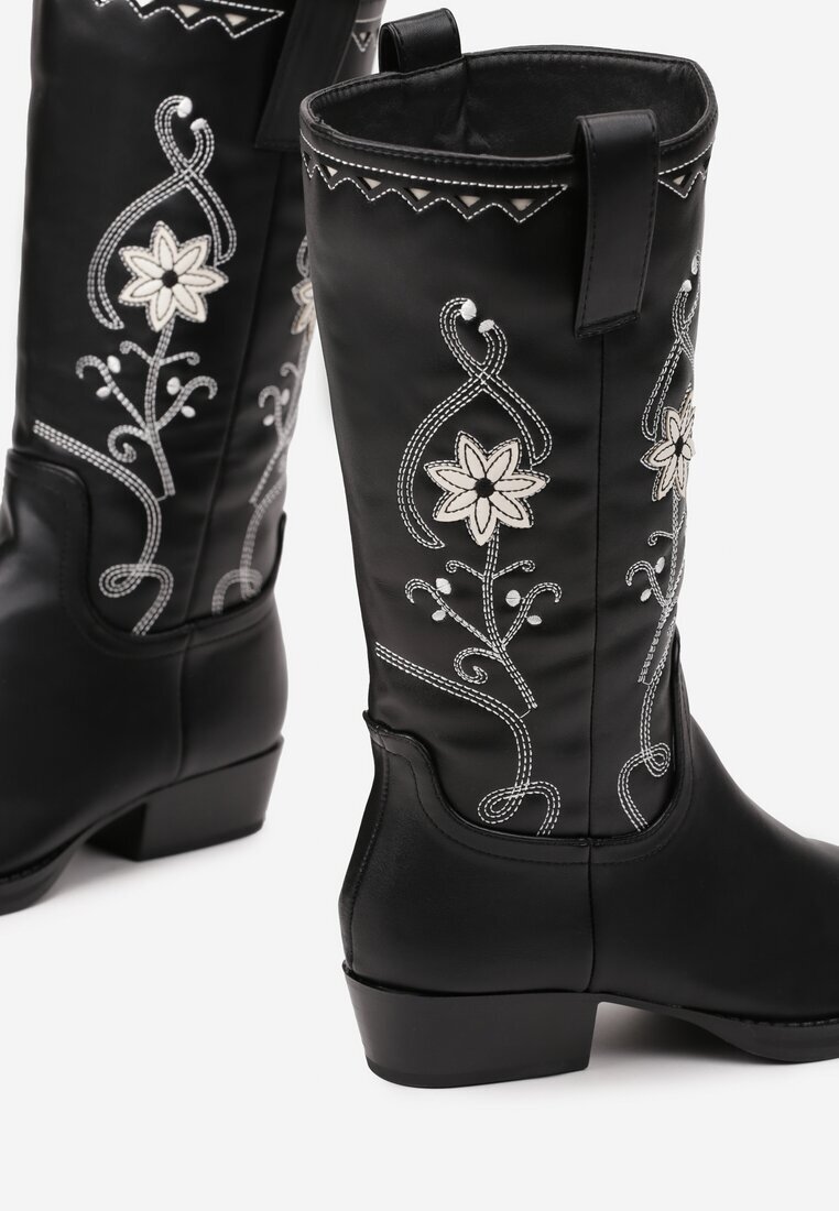  Cizme Negre Cowboy cu Talpă Plată Decorate cu Broderie Florală Emithalia