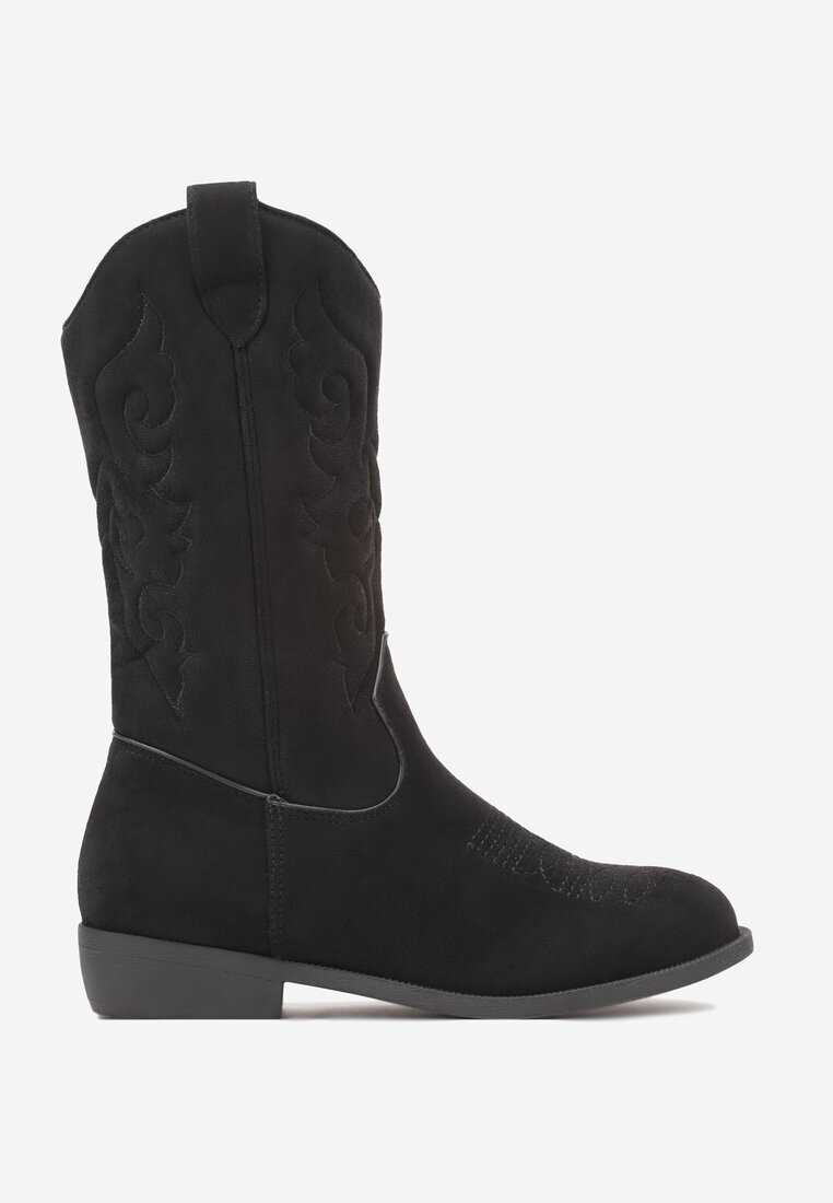  Cizme Negre Cowboy cu Talpă Plată decorate cu Imprimeu Niathalie