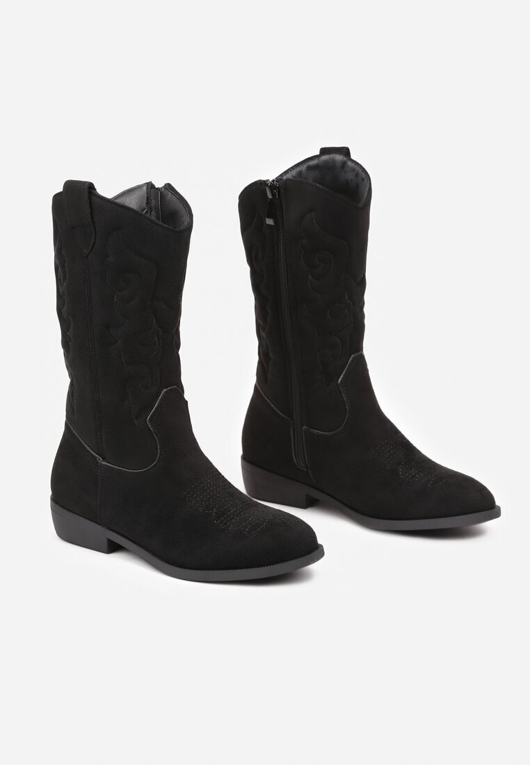  Cizme Negre Cowboy cu Talpă Plată decorate cu Imprimeu Niathalie