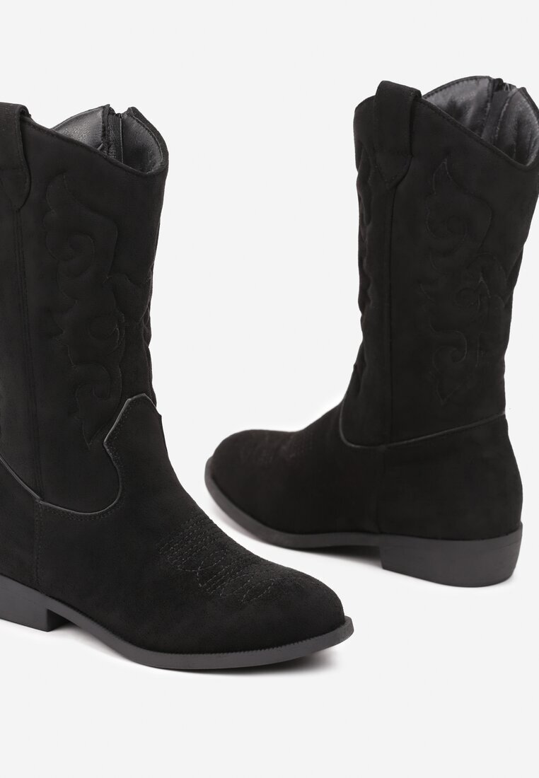  Cizme Negre Cowboy cu Talpă Plată decorate cu Imprimeu Niathalie