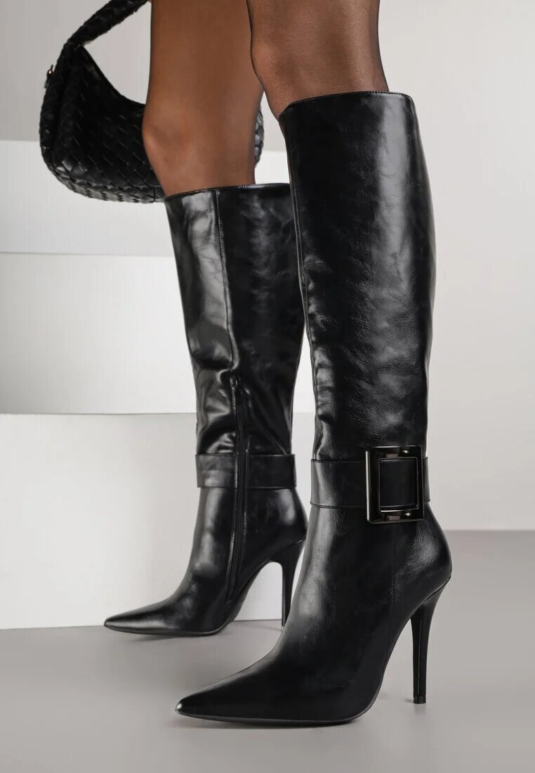  Cizme Negre cu Toc Stiletto decorate cu Cataramă Innadora
