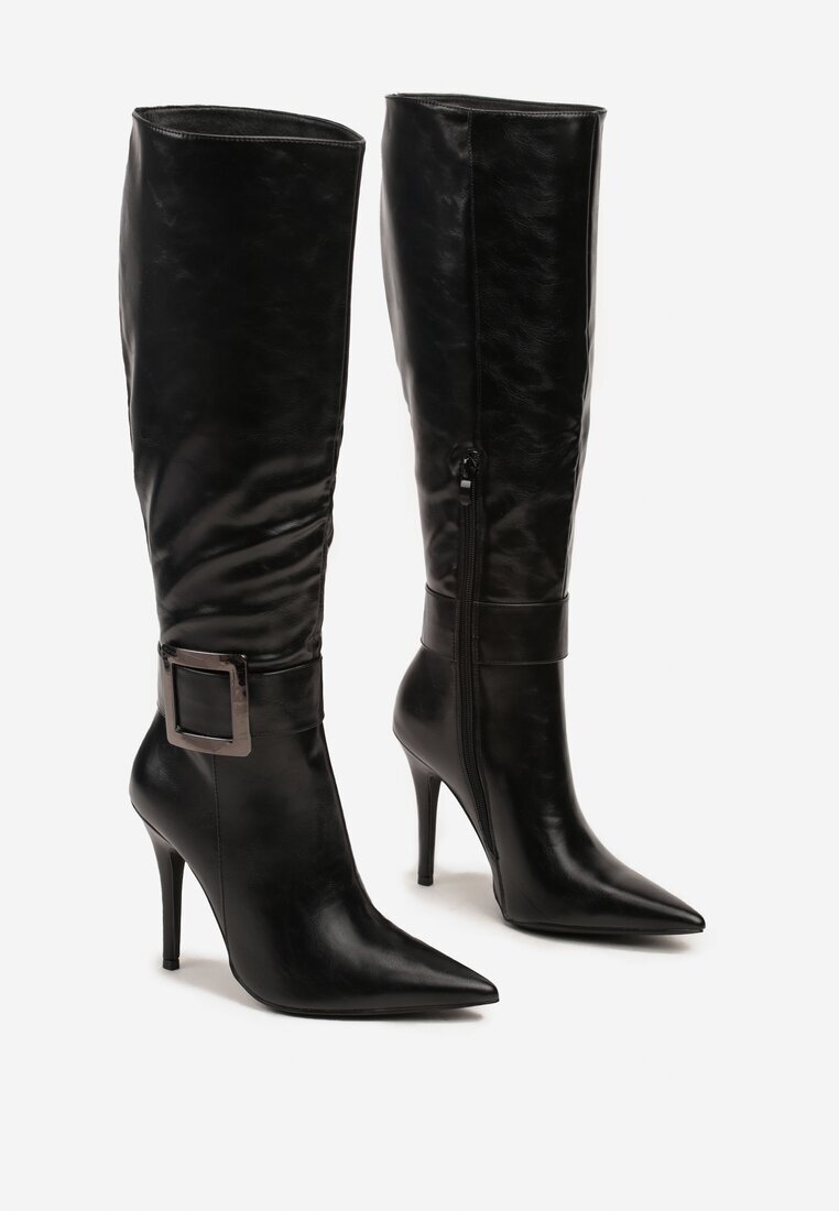  Cizme Negre cu Toc Stiletto decorate cu Cataramă Innadora