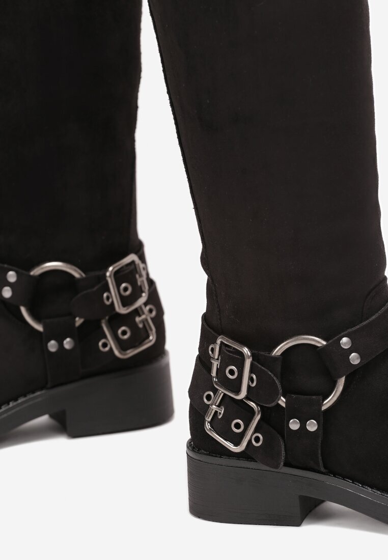  Cizme Negre Tip Biker cu Toc Plat cu Cataramă Decorativă Serriva