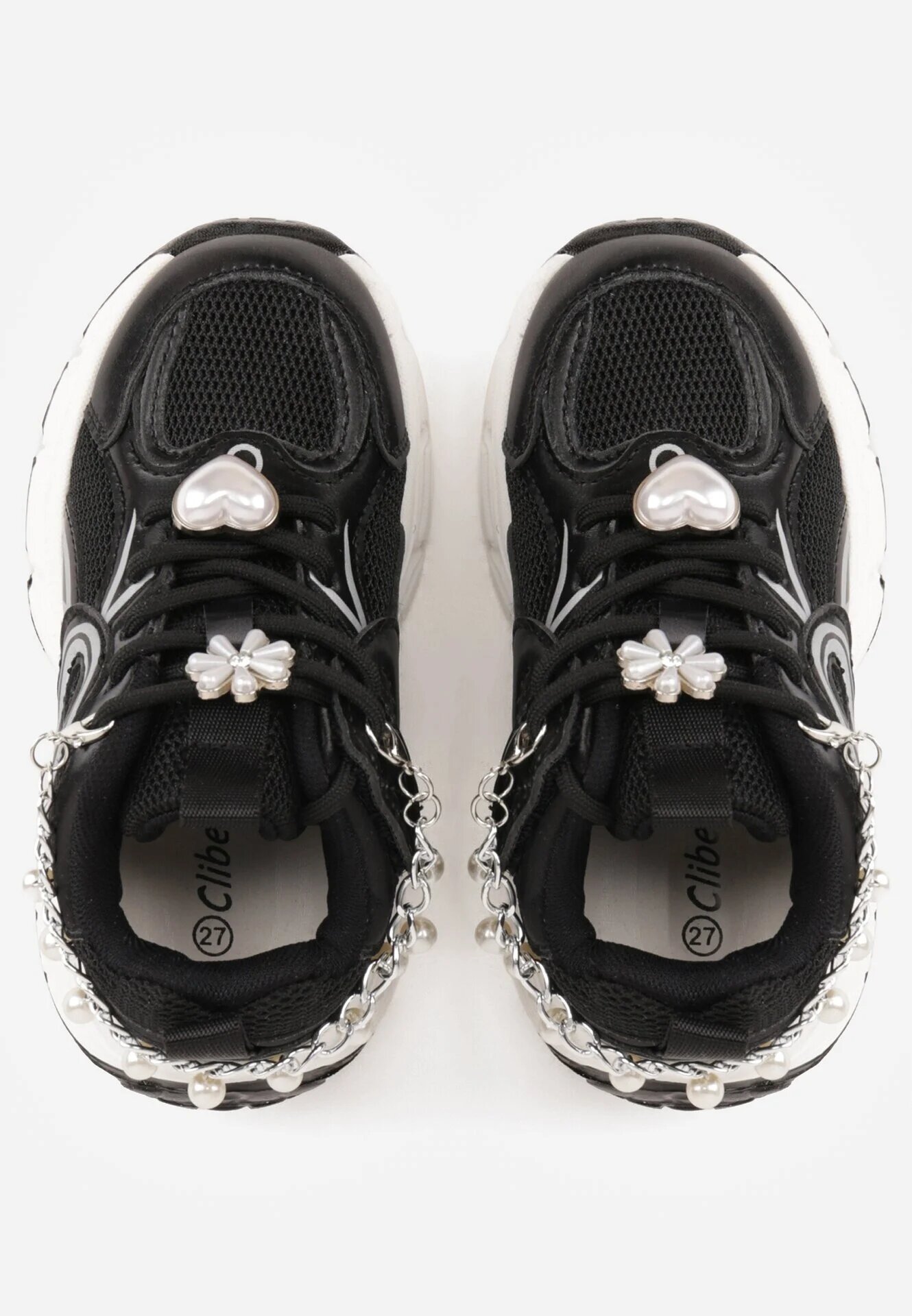 clibee Pantofi Sport Negri Sneakersy Chunky cu Lanț Decorativ cu Perle Nephenilla
