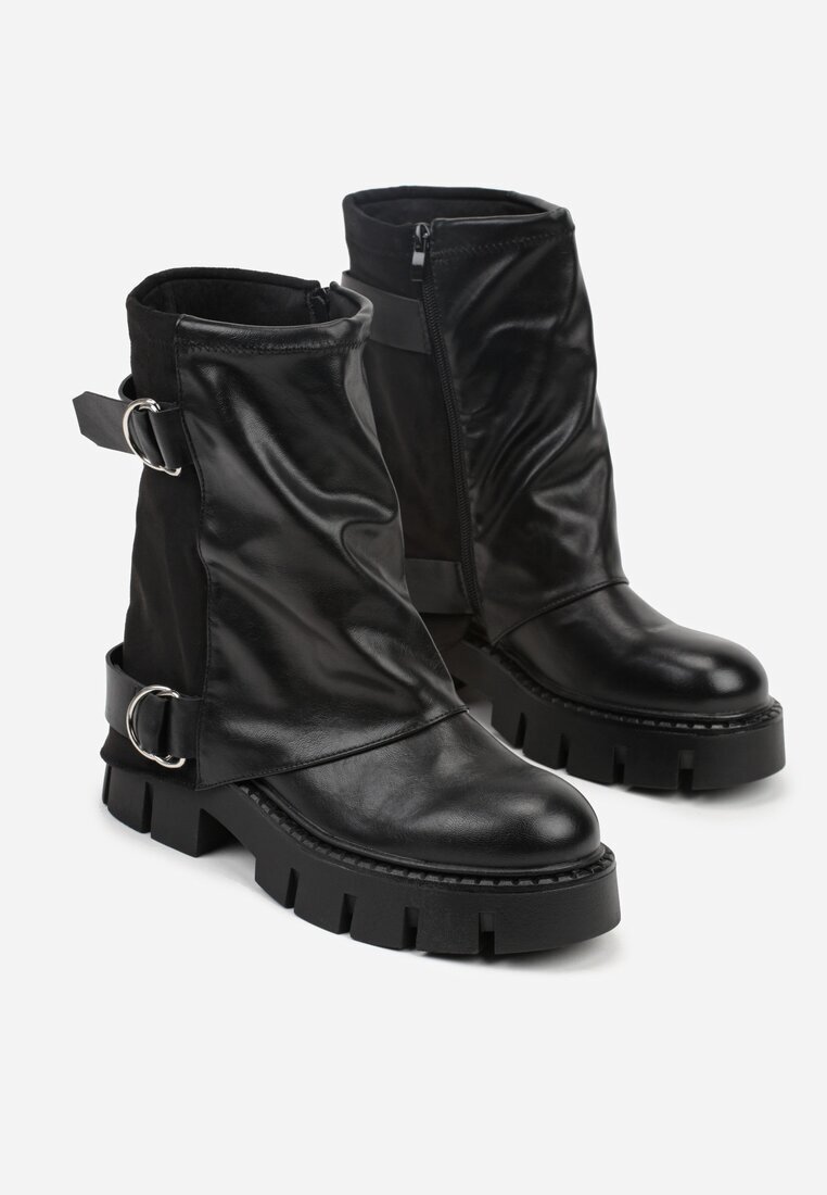 c'm paris Botine Negre cu carâmb care imită o cracă de pantalon Decorate cu curele cu catarame Zevilla