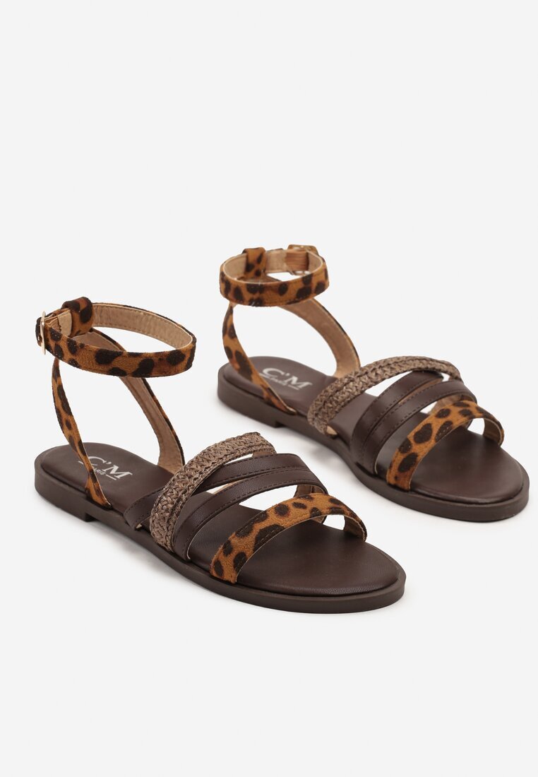c'm paris Sandale Maro cu barete împletite decorate cu imprimeu animal Damiselle