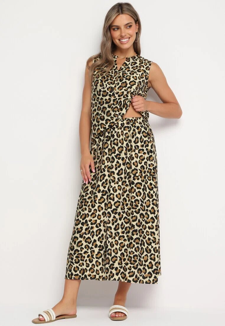  Complect maro leopard din viscoză Cămașă petrecută Fustă cu elastic în talie Olseria
