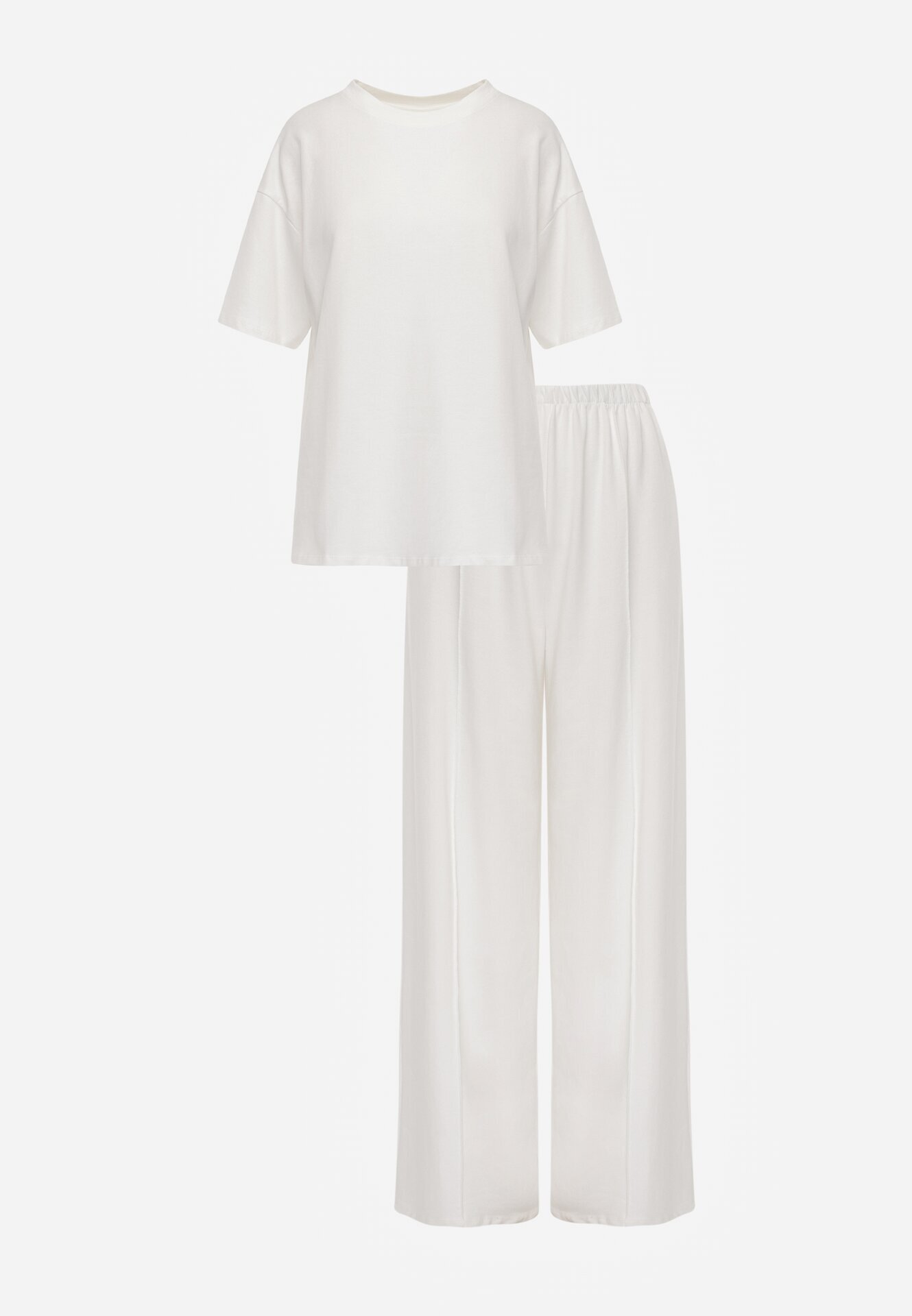  Compleu Alb din bumbac Bluză cu fante laterale Pantaloni largi cu elastic în talie Undrea