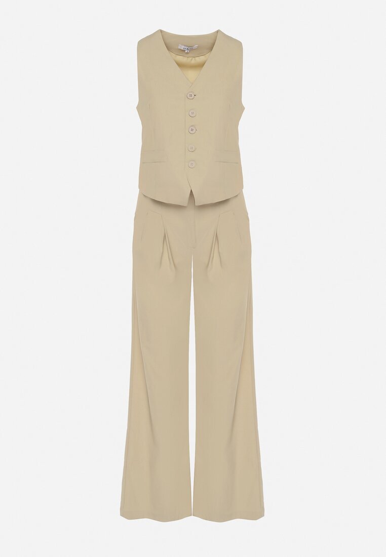  Compleu Bej în Stil de Costum Vestă și Pantaloni Largi Miradella