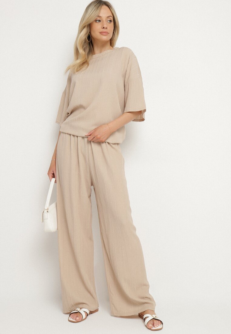  Compleu Bej Oversize cu Bluză și Pantaloni Lungi cu Elastic în Talie Urinivia