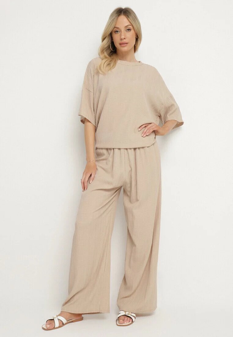 Compleu Bej Oversize cu Bluză și Pantaloni Lungi cu Elastic în Talie Urinivia