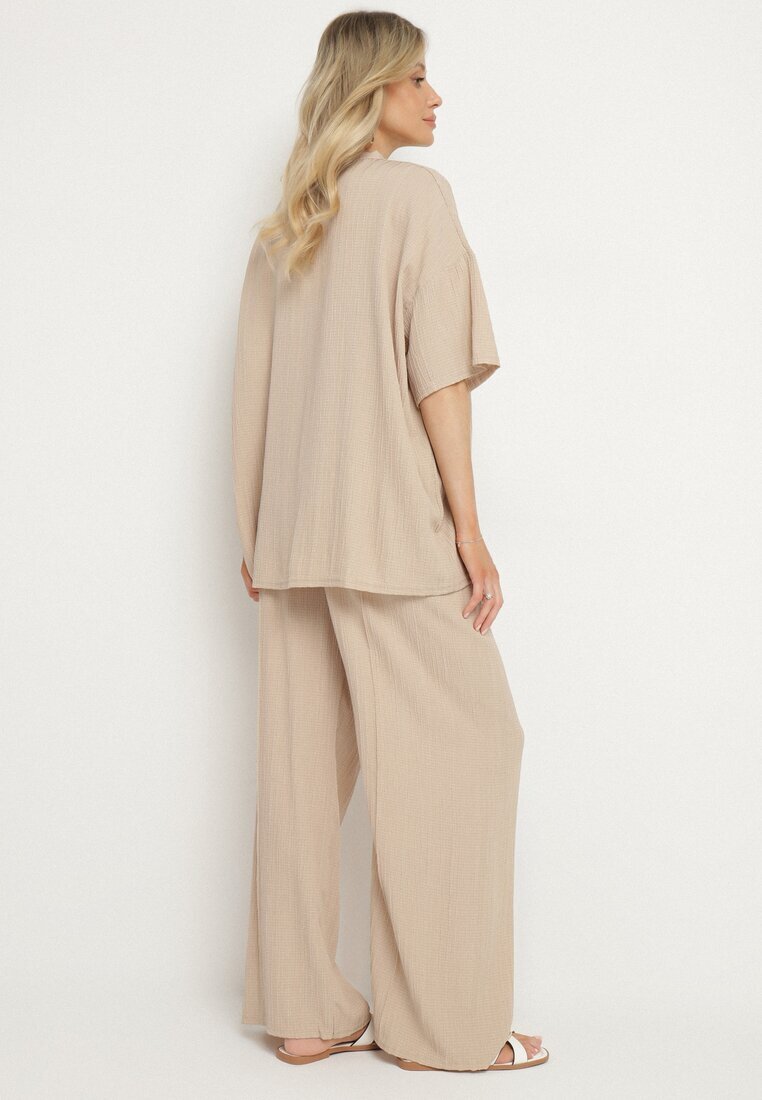  Compleu Bej Oversize cu Bluză și Pantaloni Lungi cu Elastic în Talie Urinivia