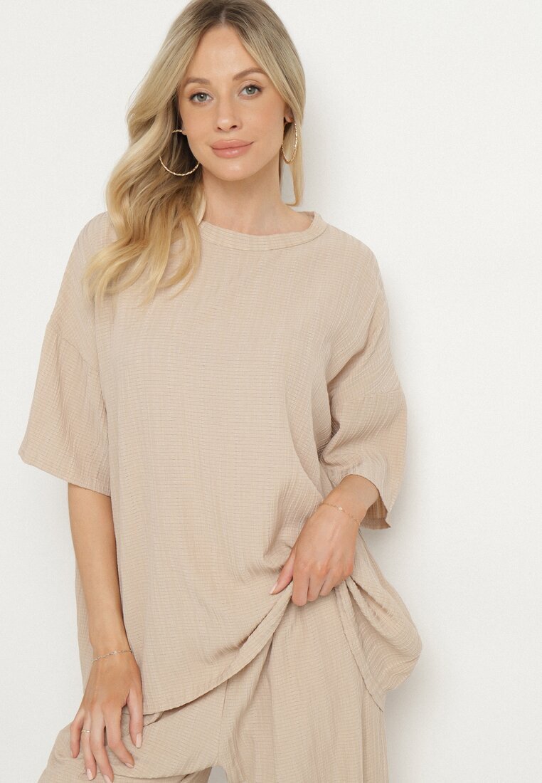  Compleu Bej Oversize cu Bluză și Pantaloni Lungi cu Elastic în Talie Urinivia