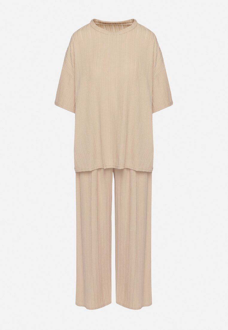  Compleu Bej Oversize cu Bluză și Pantaloni Lungi cu Elastic în Talie Urinivia