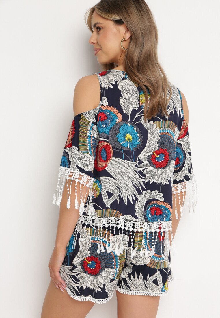  Compleu Bleumarin Decorat cu franjuri cu imprimeu abstract Tricou cu decupaje la umeri și Pantaloni scurți Setella