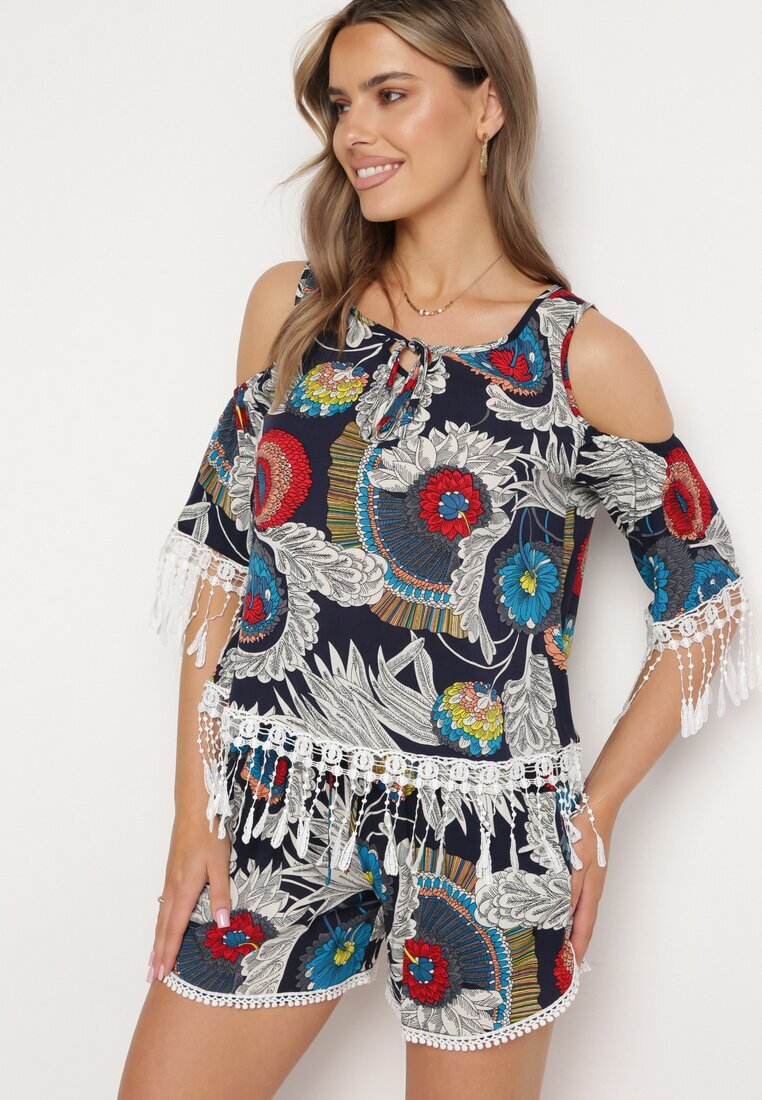  Compleu Bleumarin Decorat cu franjuri cu imprimeu abstract Tricou cu decupaje la umeri și Pantaloni scurți Setella